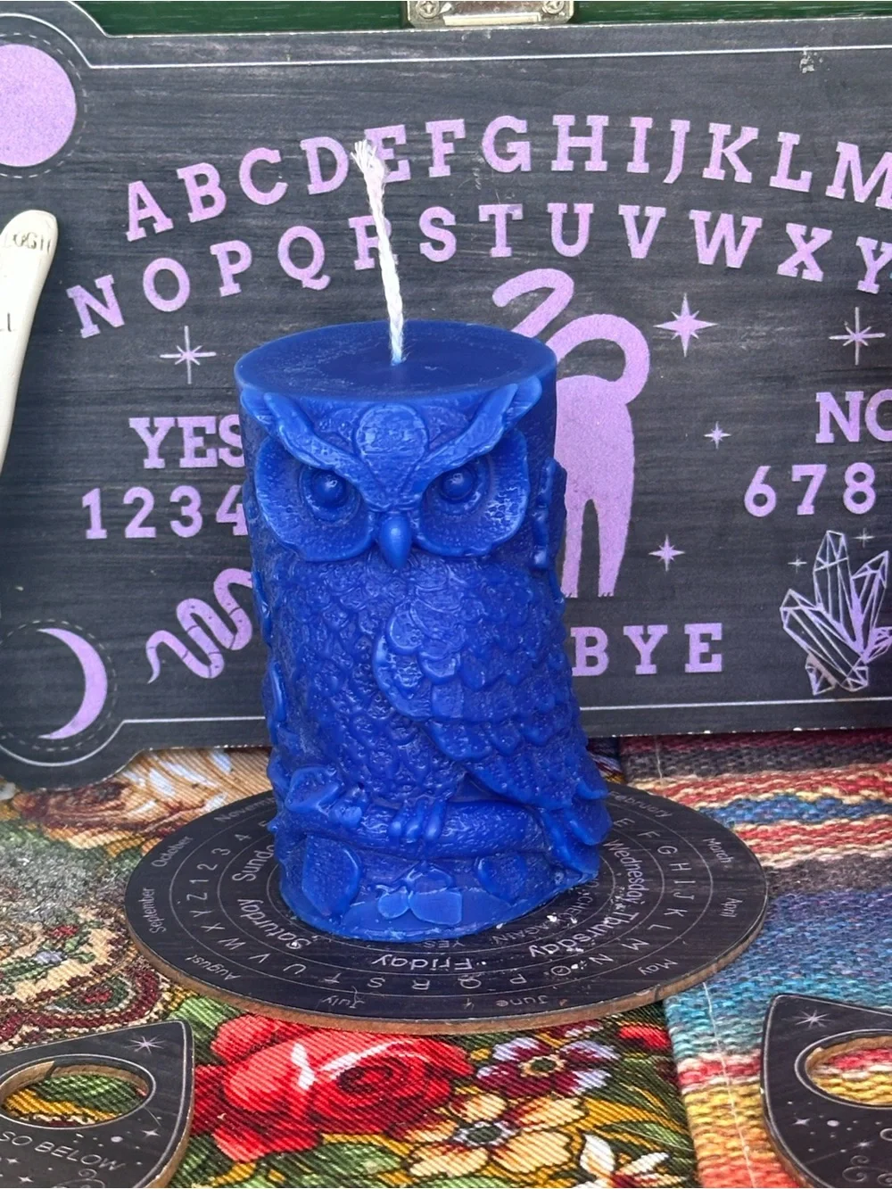 Blue Wise Owl Pillar Candle | Woodland Witch Decor